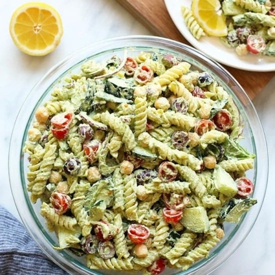 Greek pasta salad with chickpeas and lemon.