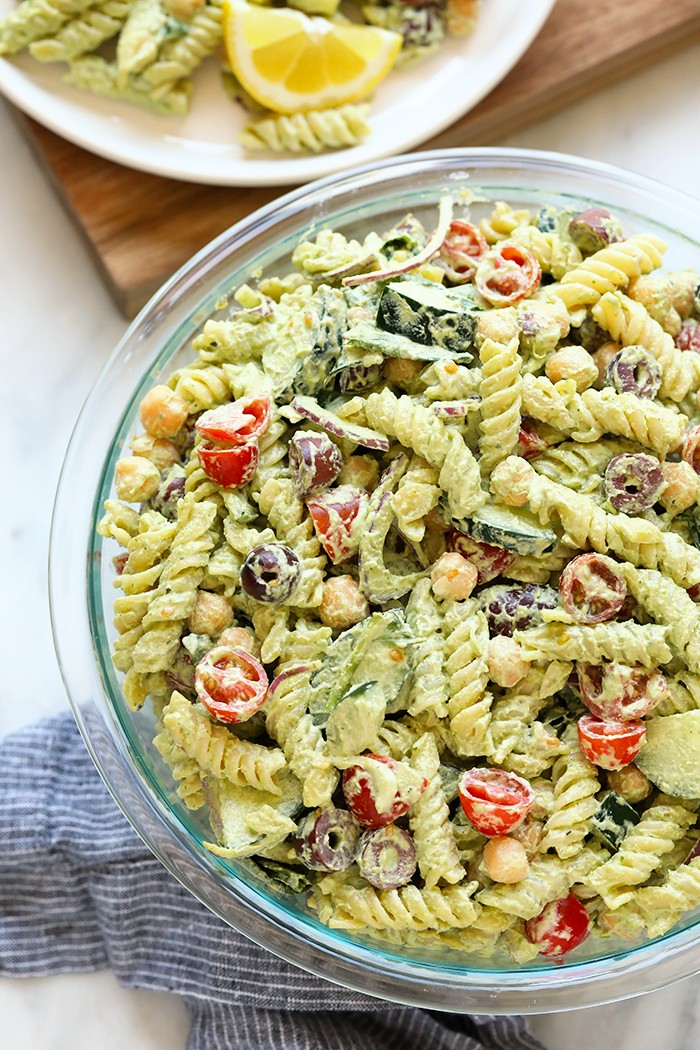 pasta salad in a bowl. 