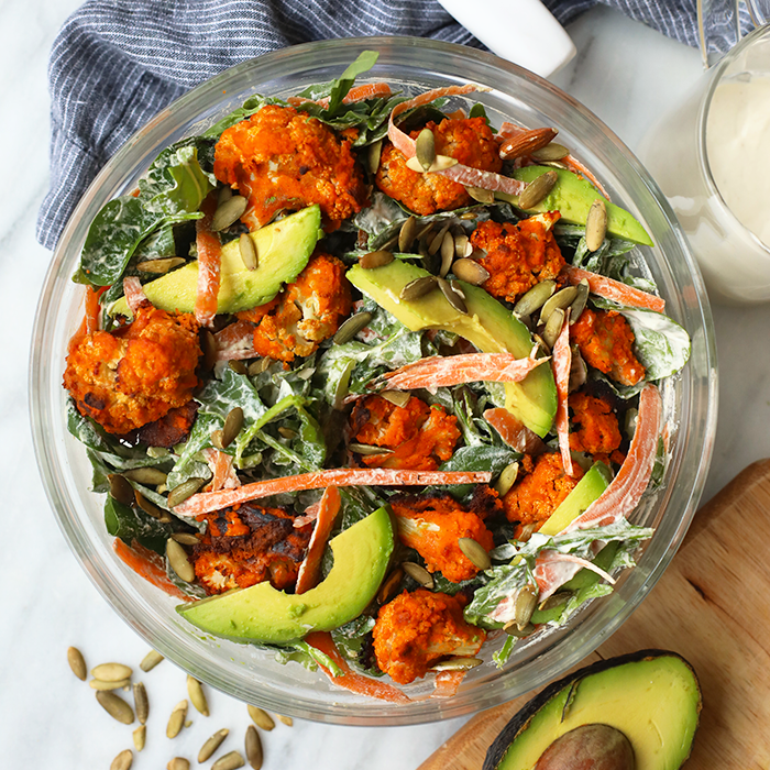 Are you ready for the most legit Vegan Buffalo Cauliflower Salad on the planet? This delicious, plant-based recipe is straight out of the Inspiralized and Beyond Cookbook. It's made with roasted buffalo cauliflower bites and a homemade vegan ranch dressing. Yes, please.