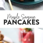 Maple syrup pancakes with strawberries served for breakfast.