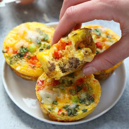 This turkey fajita egg cup recipe is made with lean ground turkey, colorful green and red peppers, onions, and your favorite fajita spices! Don’t forget about the cheese on top. Whip up a batch of these egg muffin cups for a healthy meal prep breakfast option!