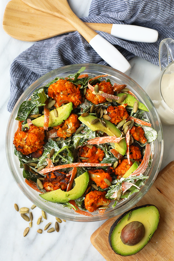 Are you ready for the most legit Vegan Buffalo Cauliflower Salad on the planet? This delicious, plant-based recipe is straight out of the Inspiralized and Beyond Cookbook. It’s made with roasted buffalo cauliflower bites and a homemade vegan ranch dressing. Yes, please. Vegan Cauliflower Salad