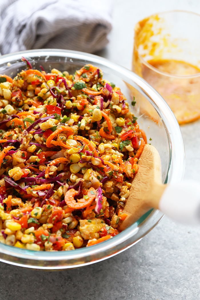 This Thai Chili Corn Salad is the perfect side dish for any time of year! It is a healthy side dish that is packed with flavor. You can prep your corn on the grill or on the stove and add it to the rest of the veggie-packed salad. You just can’t beat the Thai chili kick and all the veggies. Make a big bowl for dinner this week. Thai Chili Corn Salad