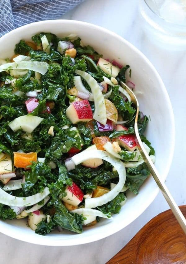 a bowl of massaged kale and fennel salad