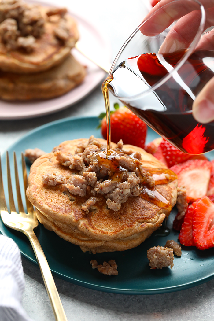 Maple sausage pancakes on a plate