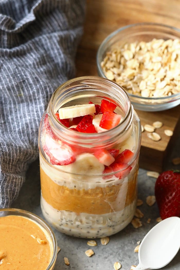 Vegan overnight oats in a jar ready to be served.