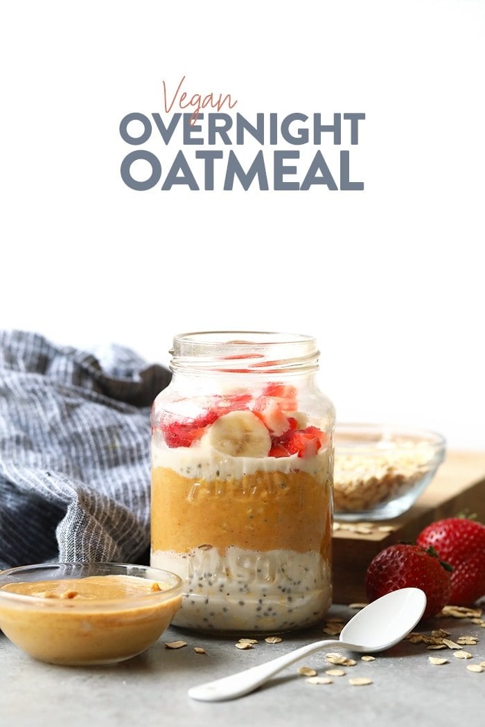 In search of a vegan overnight oats recipe that packs clean ingredients and doesn't skimp on creamy taste? This Vegan Overnight Oatmeal will quickly become your go-to overnight oats recipe. Whip up a batch of these healthy overnight oats today and enjoy it all week long for breakfast (or heck, even enjoy it as a healthy snack!). Vegan overnight oatmeal in a jar topped with strawberries and bananas.