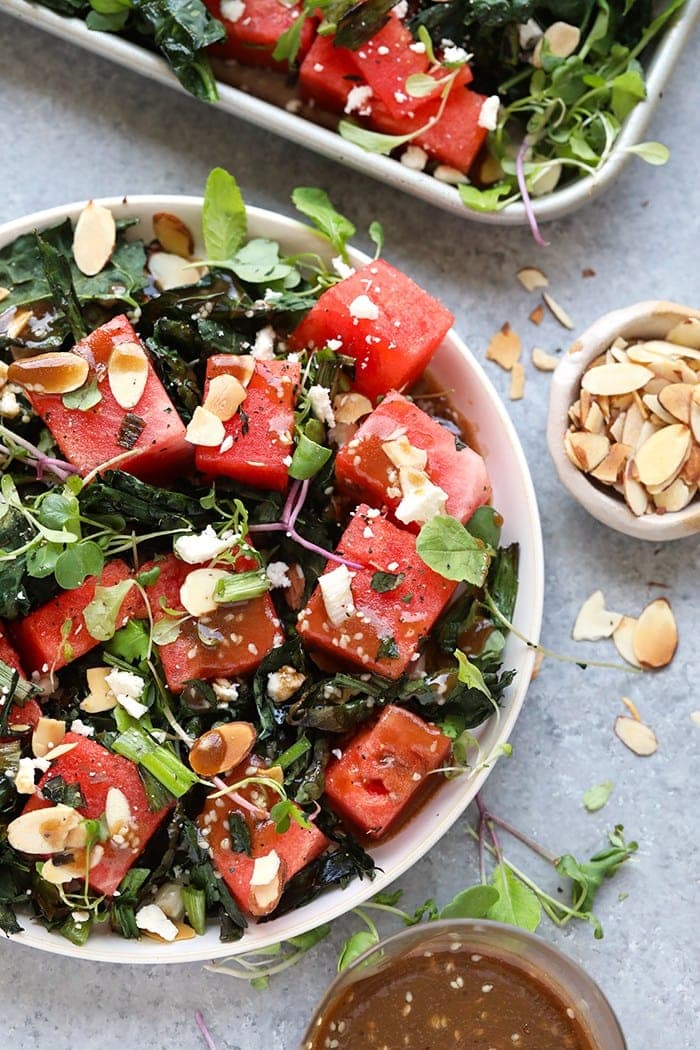Grilled kale and watermelon salad in a bowl 