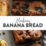 Blueberry banana bread on a plate with bananas and blueberries.