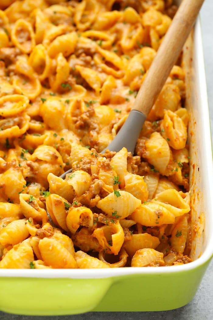 finished hamburger casserole in a baking dish