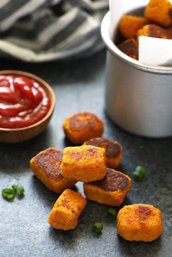 Sweet potato tater tots on the counter.