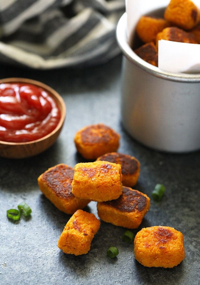 Sweet potato tater tots on the counter.