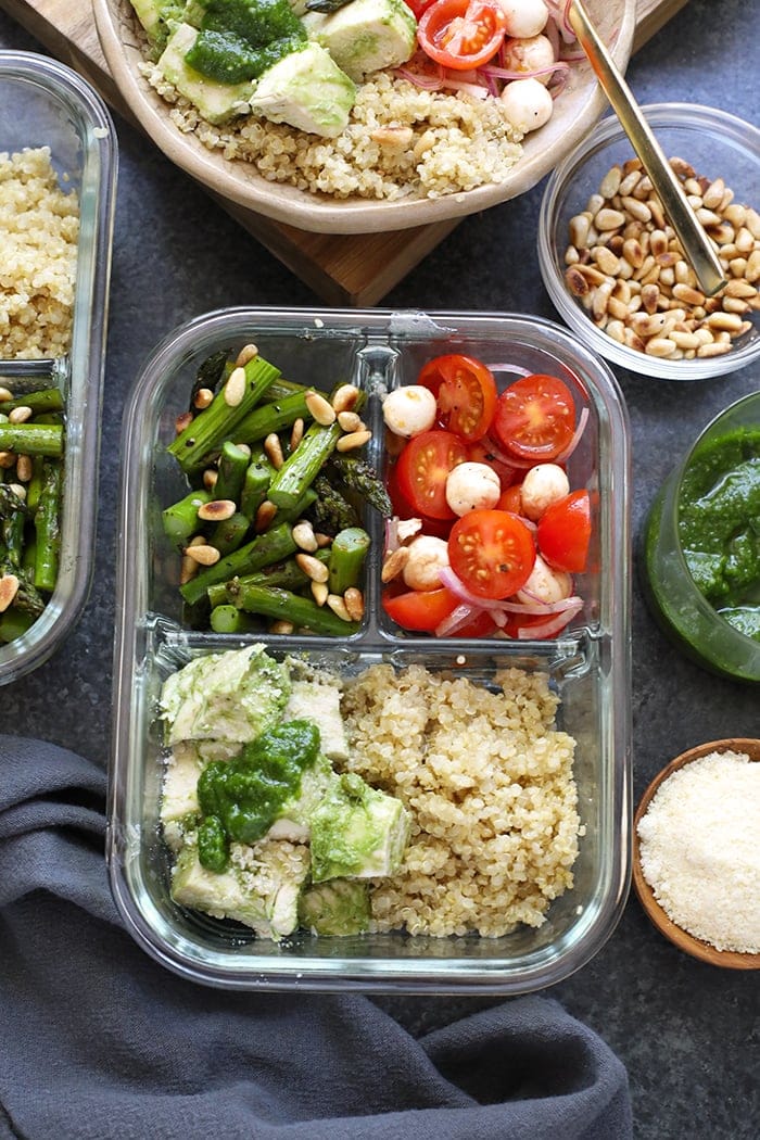 Meal prep pesto chicken and sides in a meal prep container