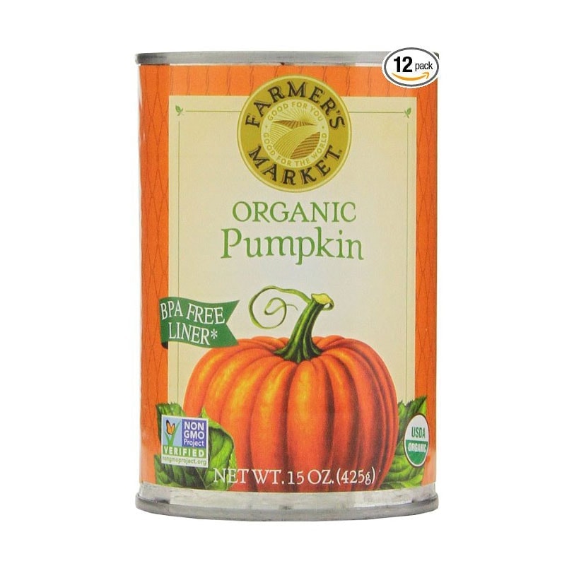A can of organic pumpkin on a white background.