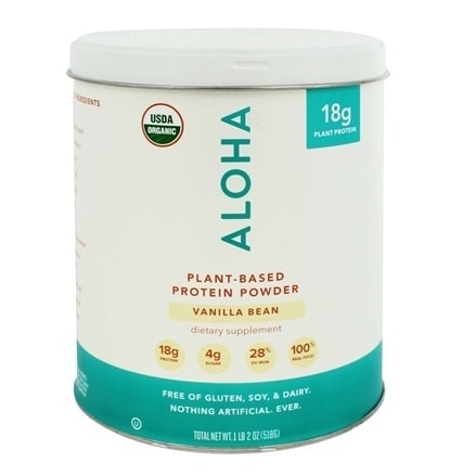 Aloha Vanilla Bean protein powder made from plant-based ingredients.