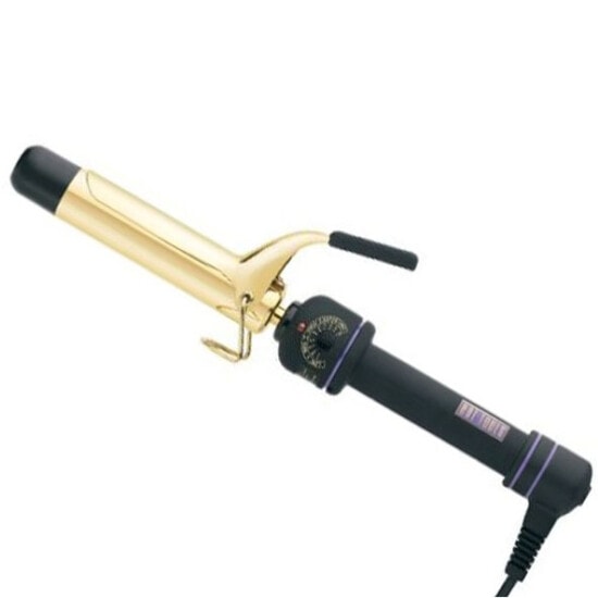 A golden curling iron on a white background.