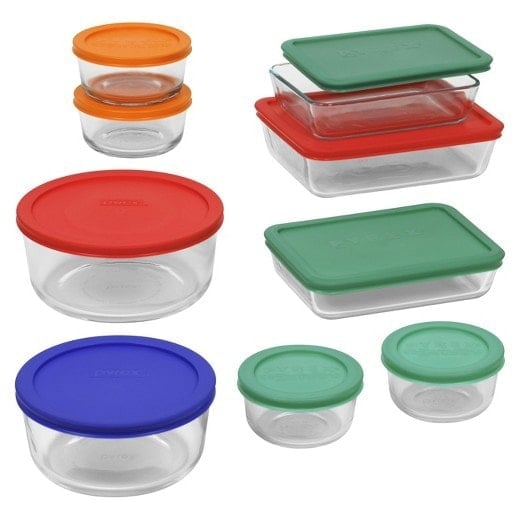 Colorful, lidded glass storage containers.