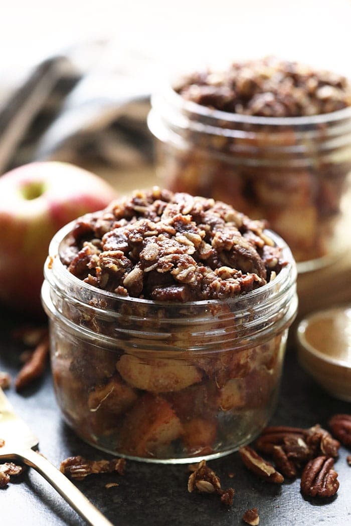 Finished Instant Pot Apple Crisp in a mason jar