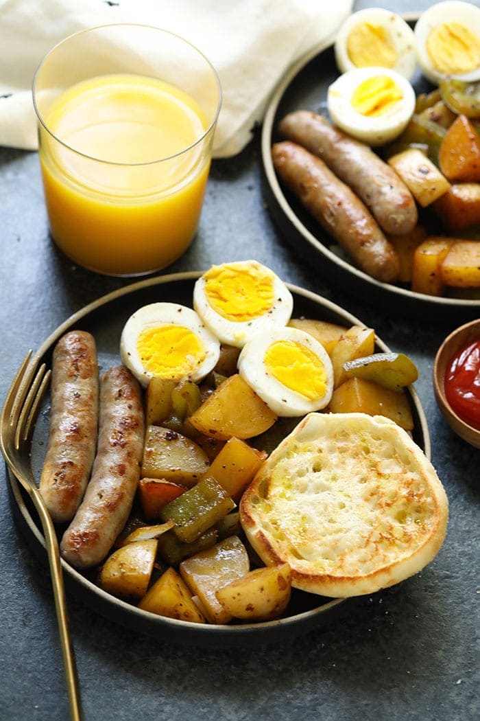 Potatoes, sausage, and eggs on a plate