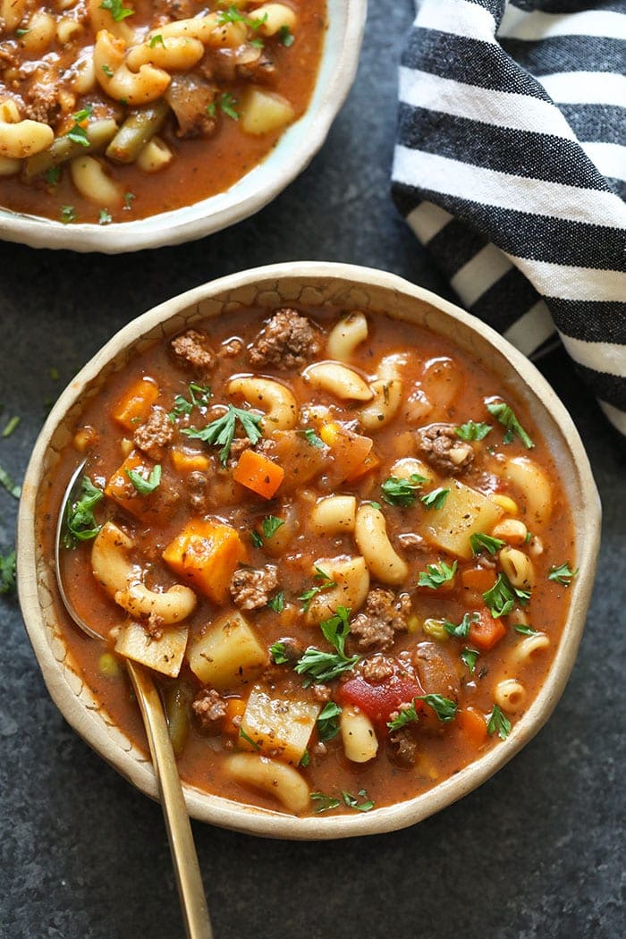 A bowl of delicious hamburger soup