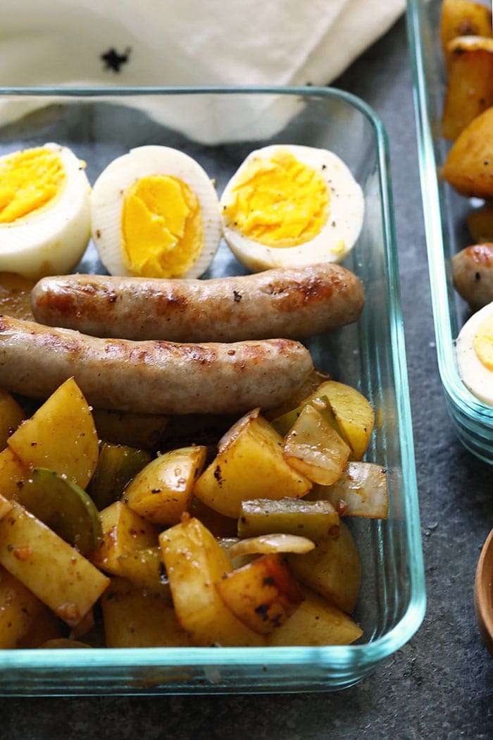 Potatoes, sausage and eggs in a meal prep container