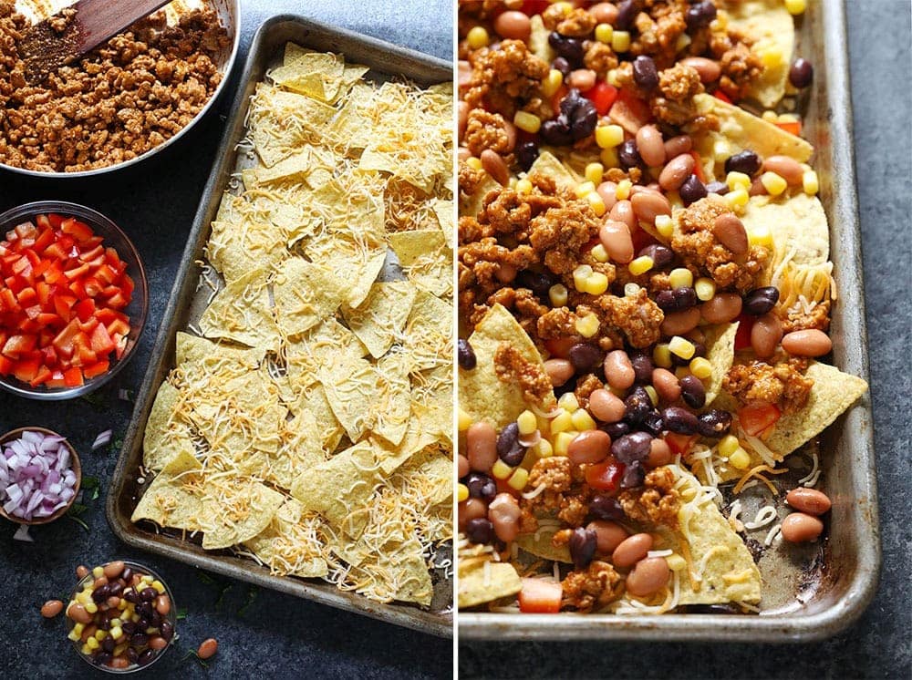 All the ingredients for chicken nachos in small bowls and on a baking sheets. 