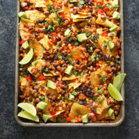 healthy chicken nachos on pan