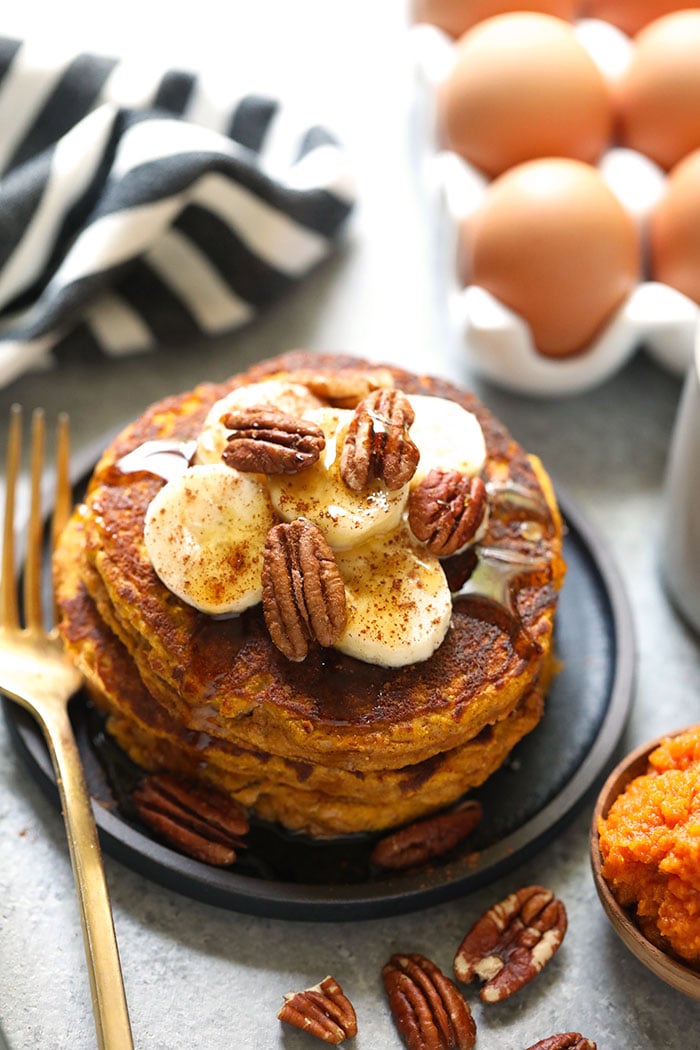 Paleo pumpkin pancakes on a plate.