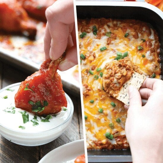 A person is dipping a cracker into a casserole dish, perfect for game day appetizers.