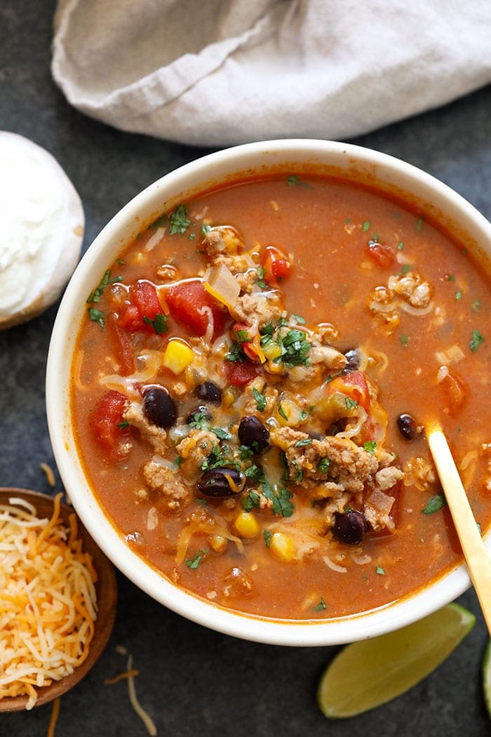 Taco soup in a bowl. 
