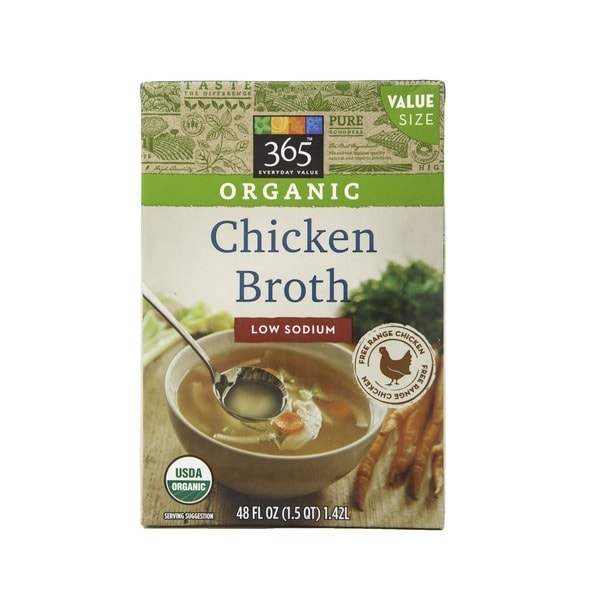 365 organic chicken broth in a box, perfect for making a flavorful hamburger casserole.