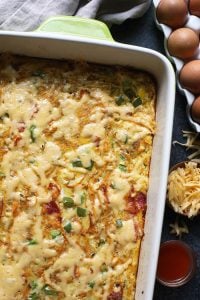 A healthy breakfast casserole with eggs and cheese.