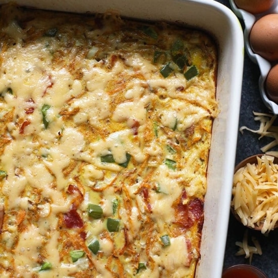A healthy breakfast casserole with eggs and cheese.