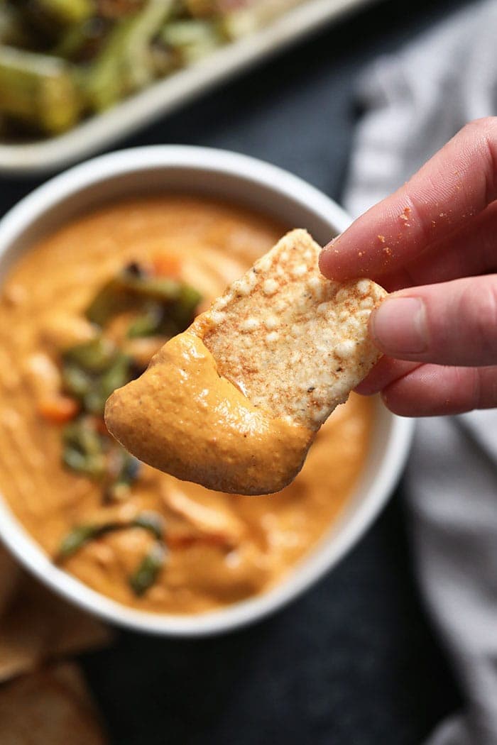 Vegan queso on a chip.