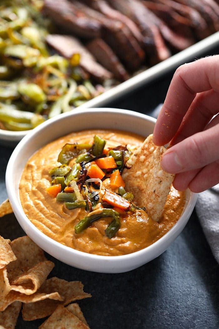 Vegan queso in a bowl. 