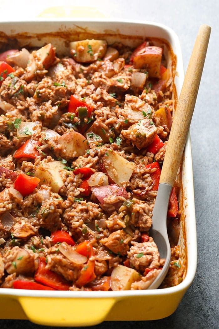 Finished tikka masala in a casserole dish