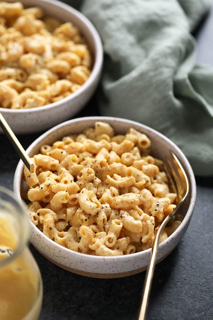 Bowl of creamy vegan mac and cheese with cashew sauce