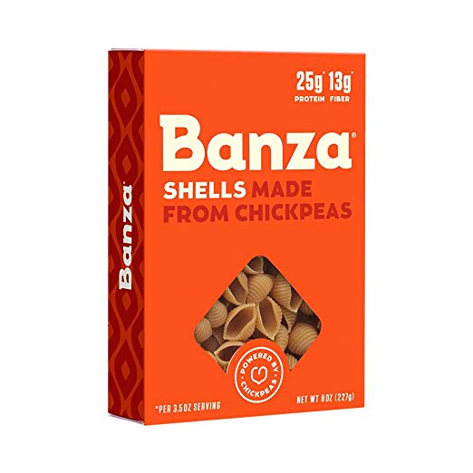 Vegan mac and cheese featuring banza shells made from chickpeas.