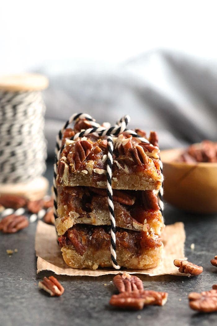 Stacked easy pecan pie bars with twine