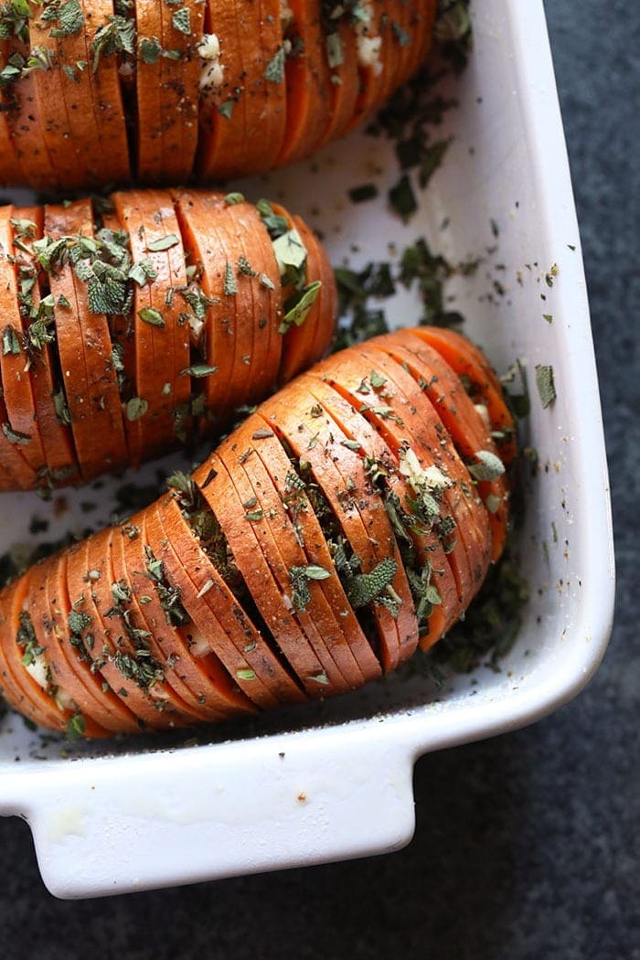 hasselback sweet potatoes ready to go in the oven