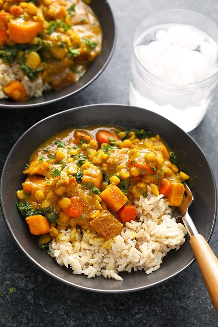 Sweet Potato Curry with Brown Rice in bowl.