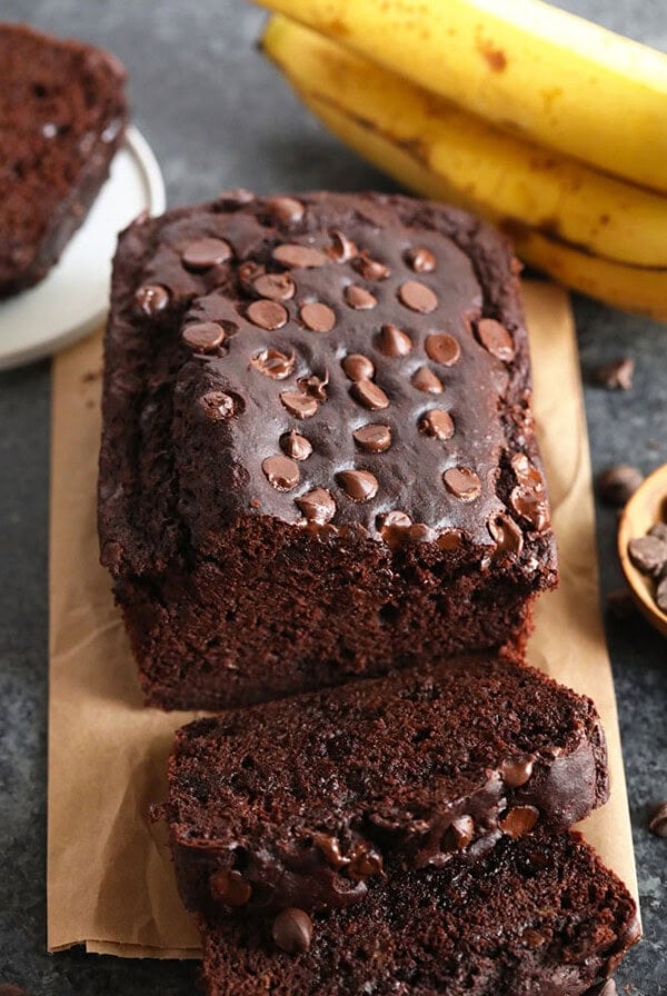 Chocolate chip banana bread featuring rich, gooey chocolate chips.