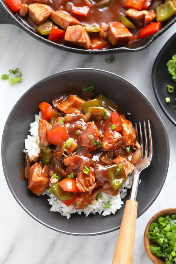 healthy sweet and sour chicken in a bowl