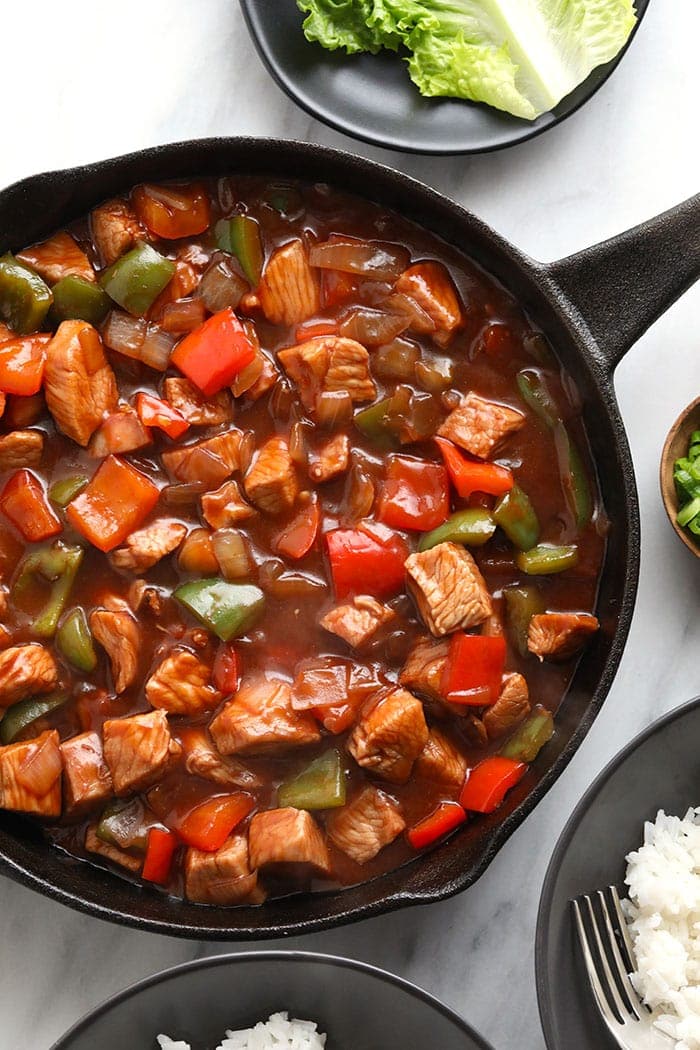 healthy sweet and sour chicken in a skillet