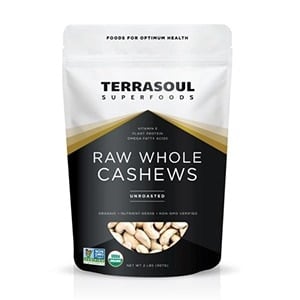Terrasoul raw whole cashews, perfect for making vegan cheese sauce.