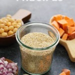a photo of quinoa, chickpeas, sweet potatoes, onion, and garlic