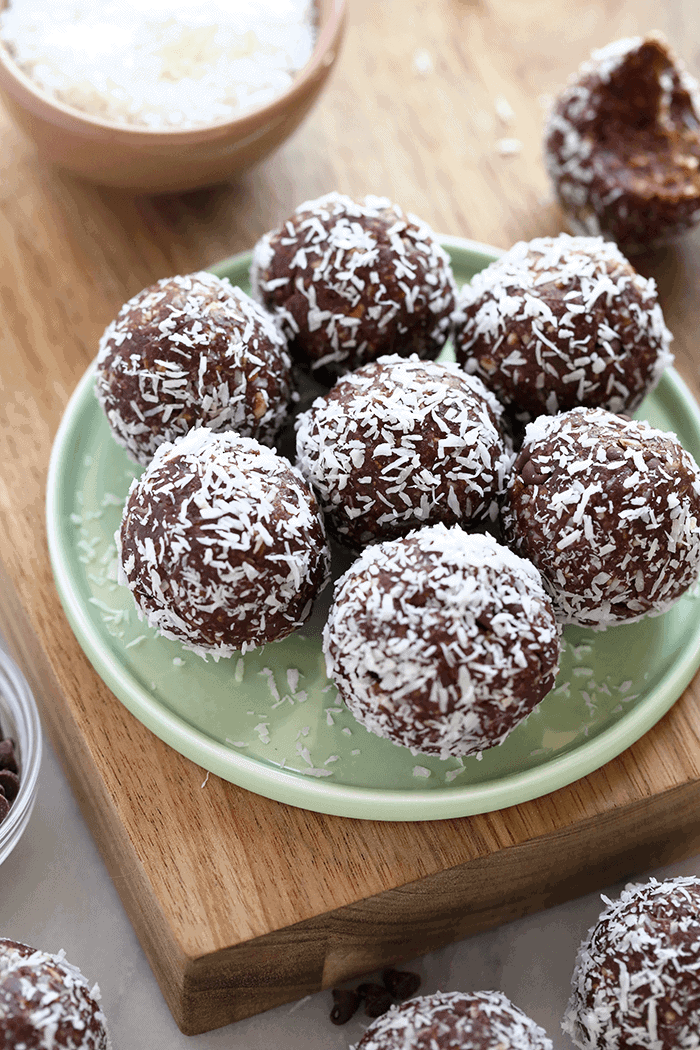 Healthy no bake balls on a plate