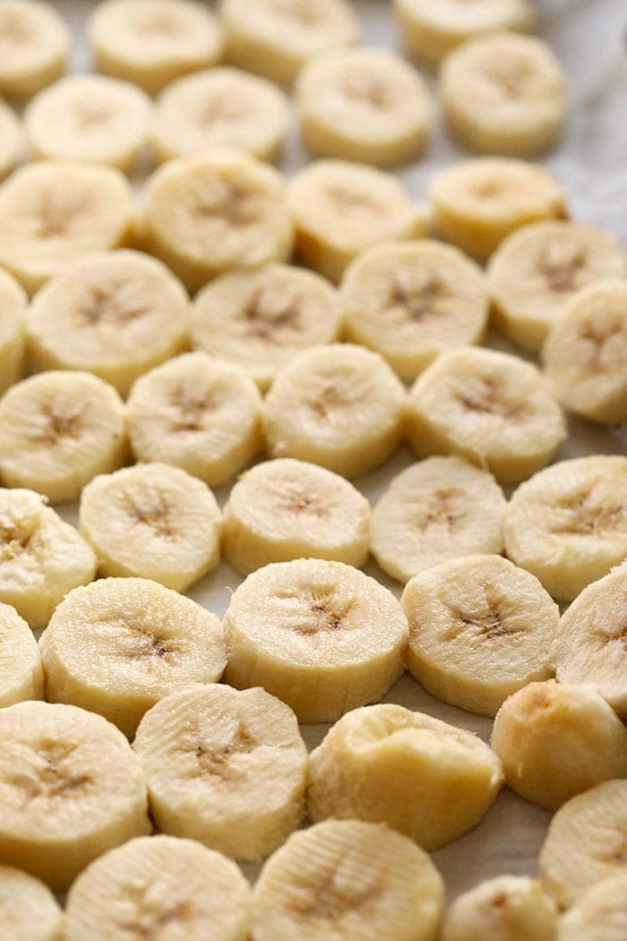 A close up shot of frozen bananas