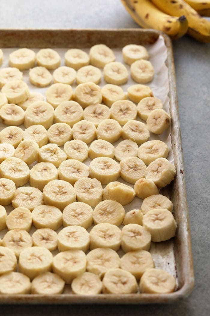 slices of bananas on a baking sheet
