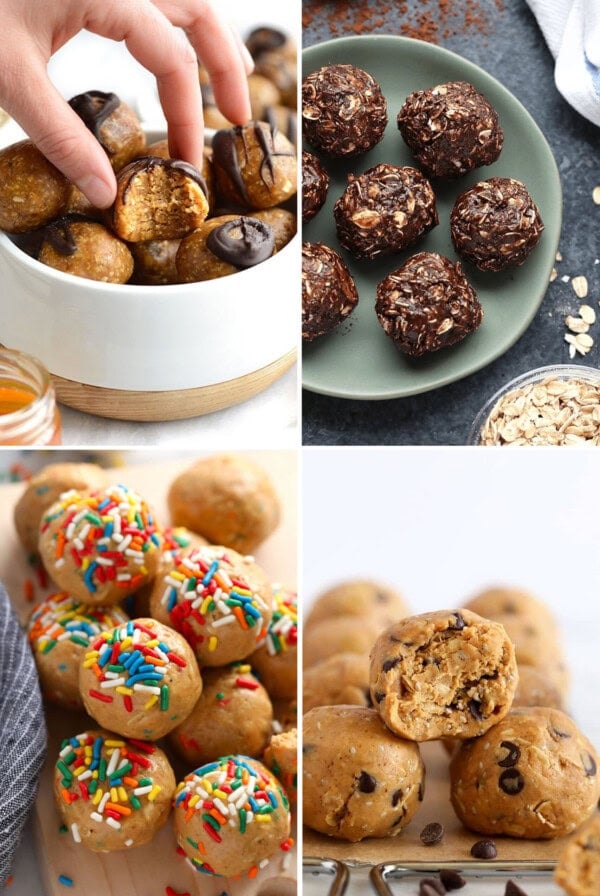 a collage of different types of energy ball cookie bites.